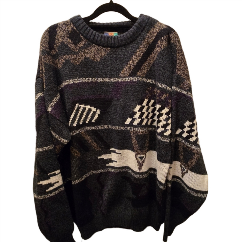 Vintage 90s Korean Abstract Geometric Grandpa Chunky Knit Sweater L XL